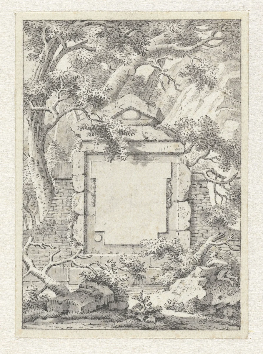 Gedenkplaat in een afgebrokkelde muur by Joannes de Bosch, drawing, 1778