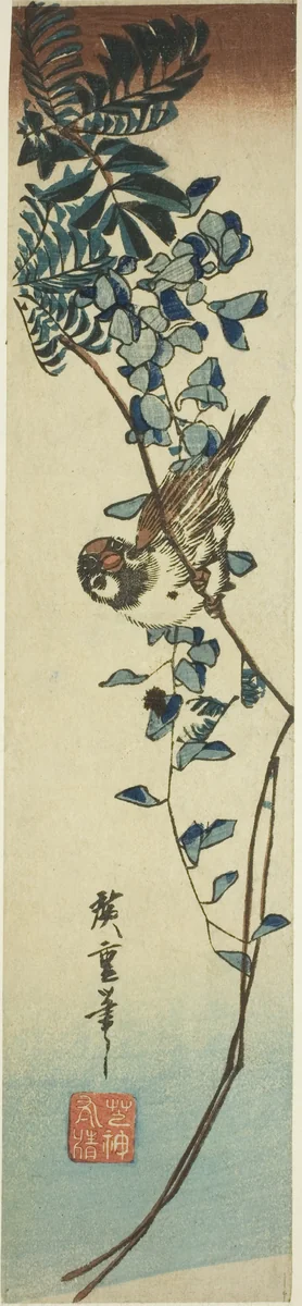 Sparrow and wisteria by Utagawa Hiroshige (歌川広重), print, 1840-1849