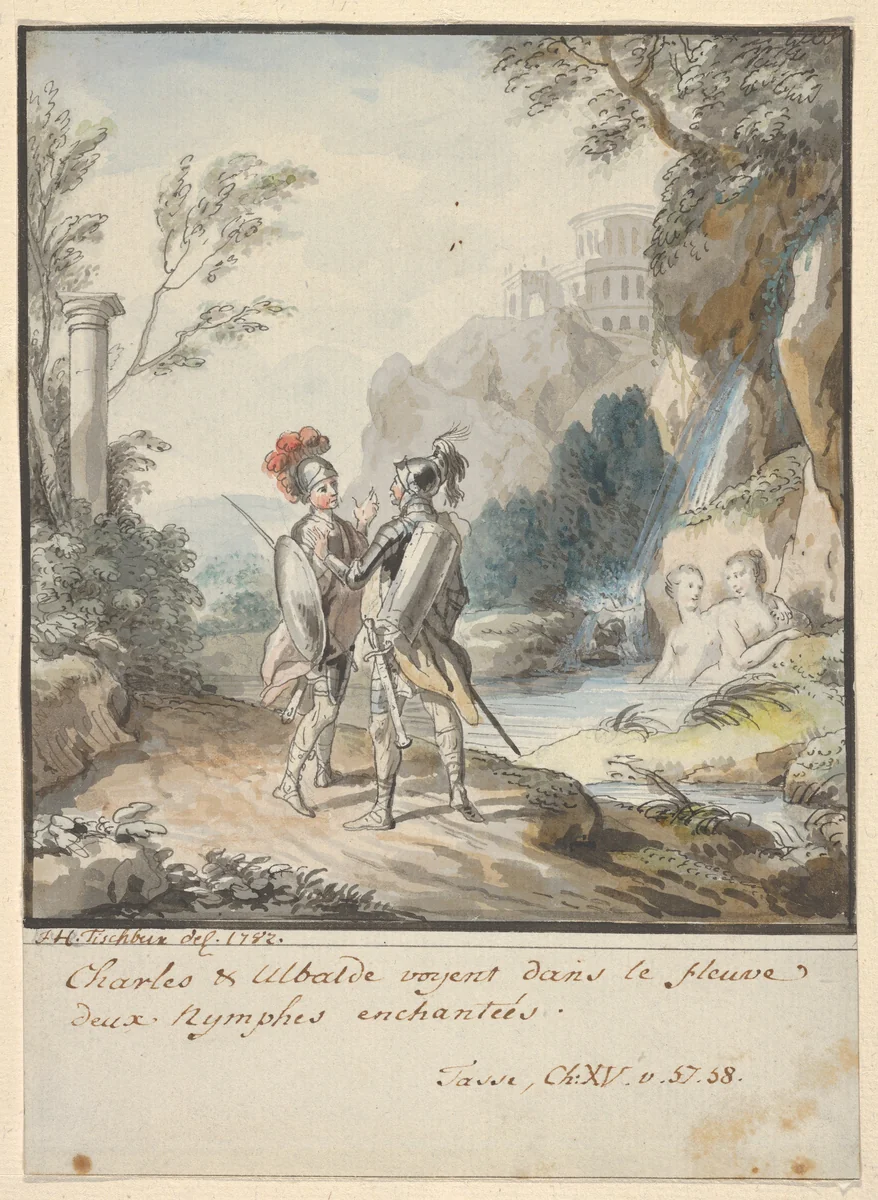 Carlo and Ubaldo Resisting the Enchantments of Armida's Nymphs (from Torquato Tasso's "Gerusalemme liberata", 15:57-58) by Johann Heinrich Tischbein, drawing, 1782