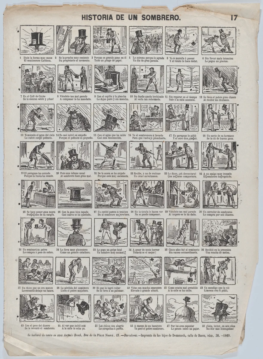 Broadside with 48 scenes telling the story of the sombrero by Antonio Bosch, print, 1869