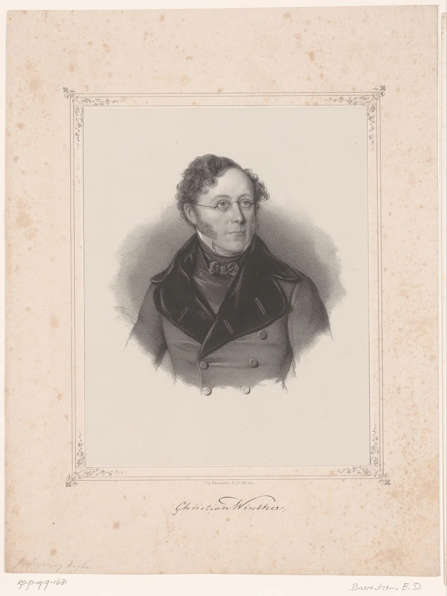 Portret van Christian Winther by Emilius Ditlev Baerentzen, print, 1837-1868