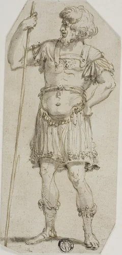 Standing Roman Warrior Holding Staff by Raymond de Lafage, drawing, 1630-1664