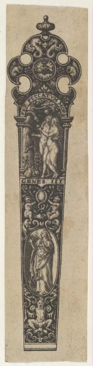 Design for a Knife Handle with the Temptation of Adam and Eve by Johann Theodor de Bry, print, 1580-1600