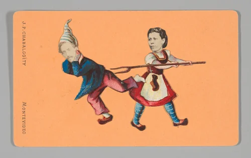[Photo Collage: Woman with Pitchfork Aimed at Man] by Juan Pedro Chabalgoity, photograph, 1870-1880