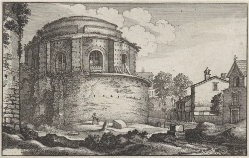 Gezicht op een rond Romeins gebouw by Wenceslaus Hollar, print, 1673