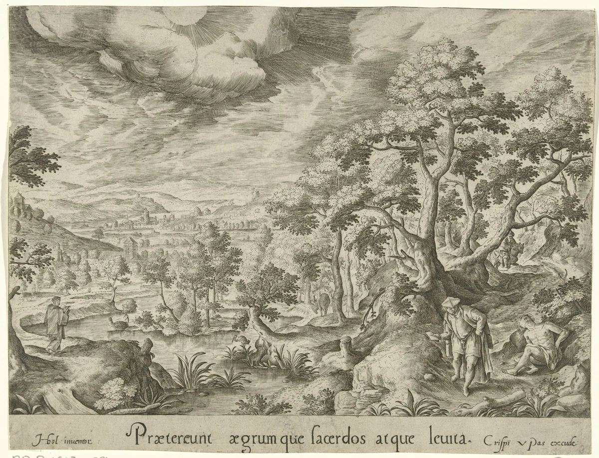 Een priester en een Leviet lopen voorbij de gewonde reiziger by Crispijn van de Passe, print, 1588-1589