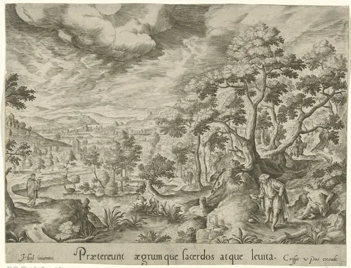 Een priester en een Leviet lopen voorbij de gewonde reiziger by Crispijn van de Passe, print, 1588-1589