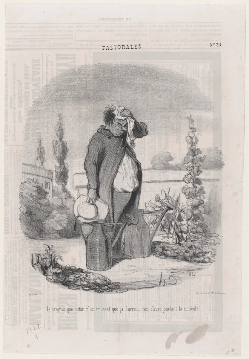 I thought it would be more fun than this to water flowers during a heatwave!, from "Romance of Country Life" by Honoré Daumier, print, 1845