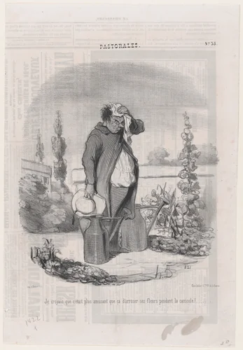 I thought it would be more fun than this to water flowers during a heatwave!, from "Romance of Country Life" by Honoré Daumier, print, 1845