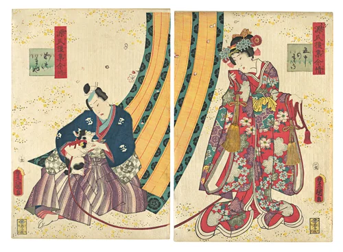 Parody of the Third Princess and Kashiwagi: “Chapter 50: A Hut in the Eastern Provinces” by Utagawa Kunisada (歌川国貞), print, 1858