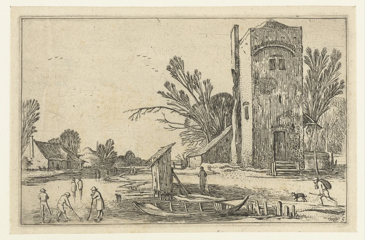 Vierkante toren bij een bevroren rivier met kolfspelers by Esaias van de Velde, print, 1614