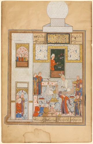 Bahram Visits the White Domed Pavilion on Friday, illustrated with text in Khamsa of Nizami (verso), from a Haft Paykar (Seven Portraits) of Nizami by Unknown, manuscript, 1555-1585