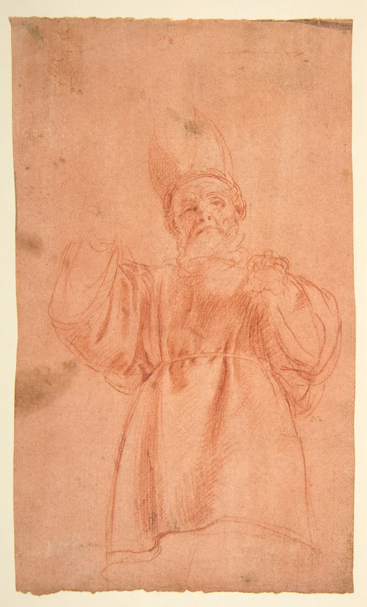 Priest with Upraised Arms Wearing a Two-Horned Tiara by Antonio d'Enrico Tanzio, drawing, 1575-1633