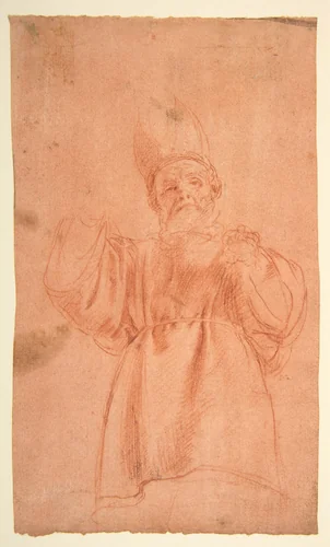 Priest with Upraised Arms Wearing a Two-Horned Tiara by Antonio d'Enrico Tanzio, drawing, 1575-1633