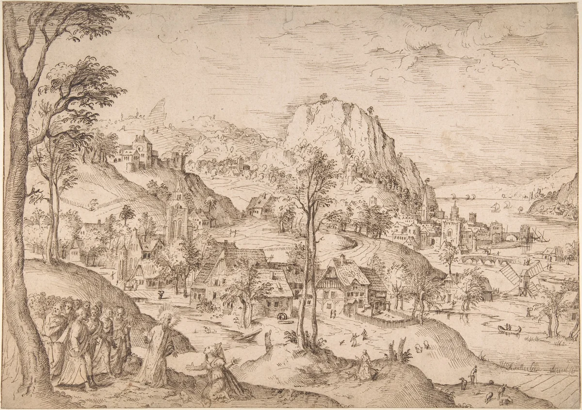 Panoramic Mountainous Estuary Landscape, with Christ and the Woman of Canaan by Lucas Gassel, drawing, 1515-1575