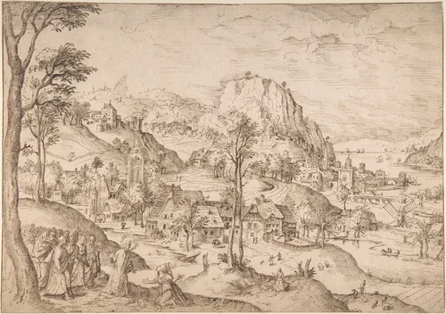 Panoramic Mountainous Estuary Landscape, with Christ and the Woman of Canaan by Lucas Gassel, drawing, 1515-1575
