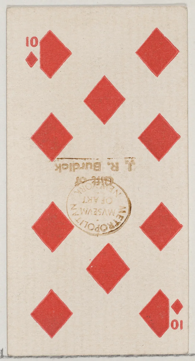 Ten Diamonds (red), from the Playing Cards series (N84) for Duke brand cigarettes by W. Duke, Sons & Co., print, 1888