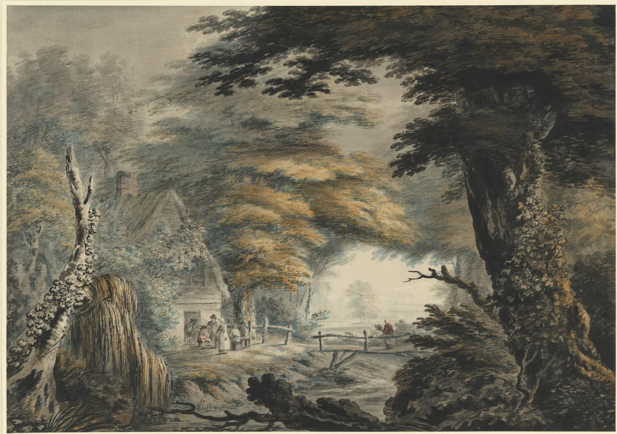 Wooded Landscape with Figures outside a Cottage by Amelia Noel, drawing, 1795