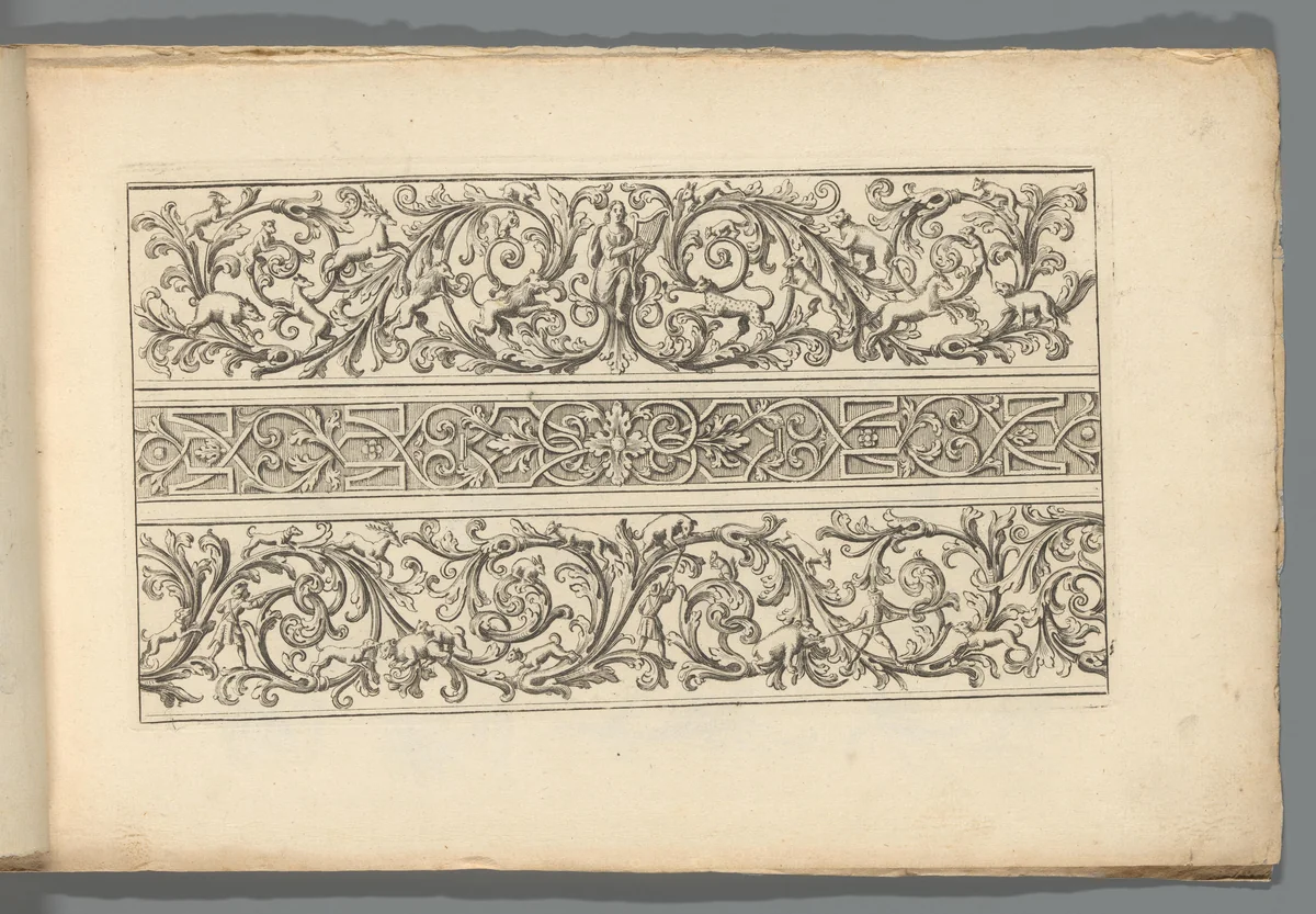 Drie ornamentele friezen met Apollo, dieren en jagers by Abraham Helmhack, print, 1664-1724
