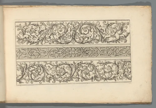 Drie ornamentele friezen met Apollo, dieren en jagers by Abraham Helmhack, print, 1664-1724