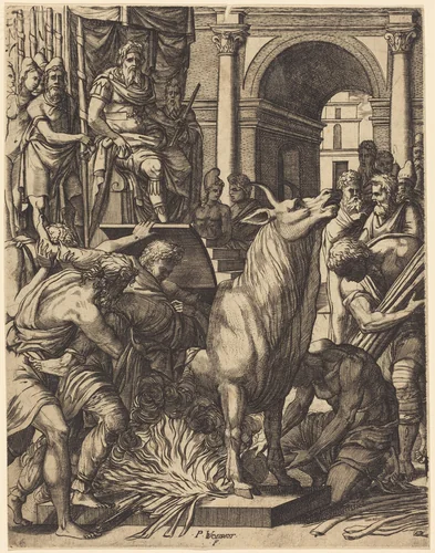 The Brazen Bull of Phalarus by Pierre II Woeiriot de Bouzey, print, 1532-1599
