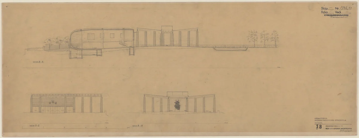 Woodland Crematorium, Stockholm, Sweden, Second version: section and two exterior elevations by Erik Gunnar Asplund, architecture, 1935
