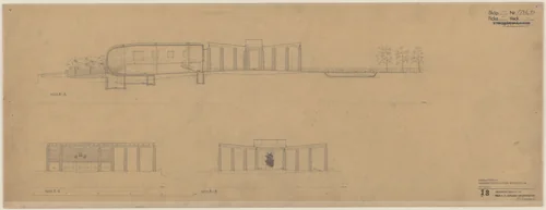 Woodland Crematorium, Stockholm, Sweden, Second version: section and two exterior elevations by Erik Gunnar Asplund, architecture, 1935