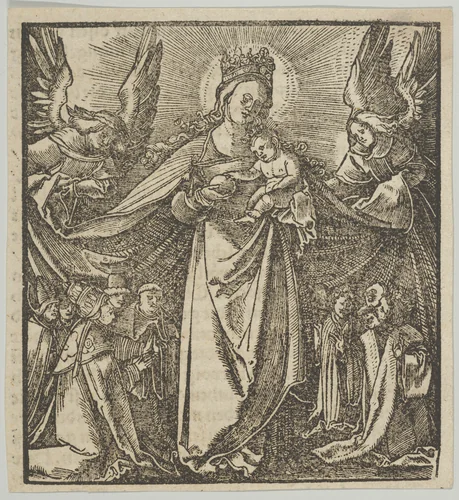 The Madonna of Mercy, from Hymmelwagen auff dem, wer wol lebt... by Hans Schäufelein, print, 1517
