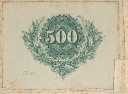 Banknote motif: number 500 at the center of a circular design of lathe work with wavy edges, surrounded by an open wreath of leaves, berries and flowers by Cyrus Durand, print, 1819-1847