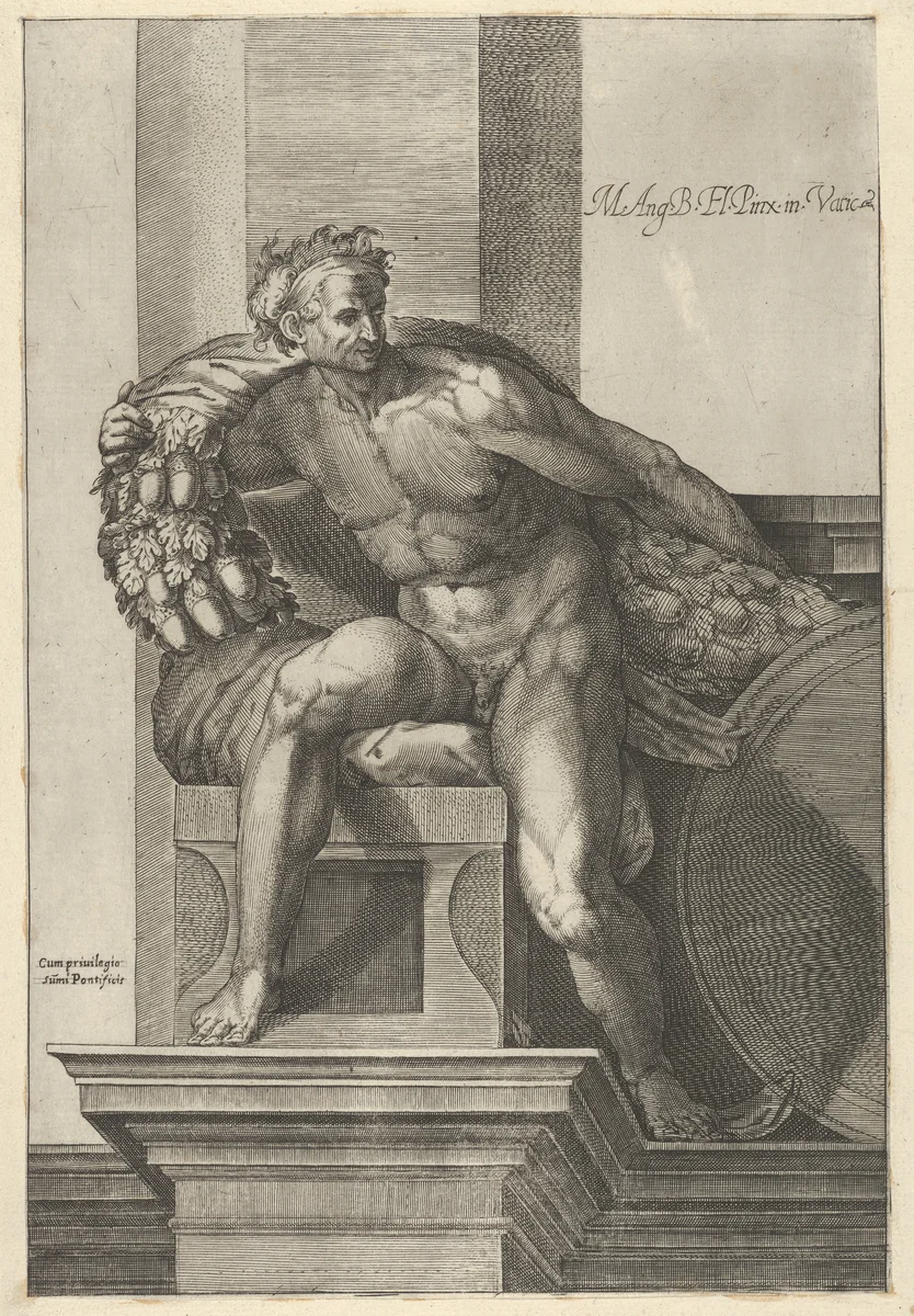A naked man (Ignudo) with a garland with acorns over his shoulders, after Michelangelo's 'The Last Judgment' fresco in the Sistine Chapel by Cherubino Alberti, print, 1580-1590