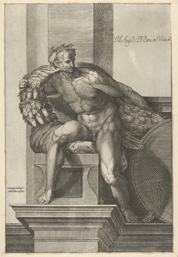 A naked man (Ignudo) with a garland with acorns over his shoulders, after Michelangelo's 'The Last Judgment' fresco in the Sistine Chapel by Cherubino Alberti, print, 1580-1590