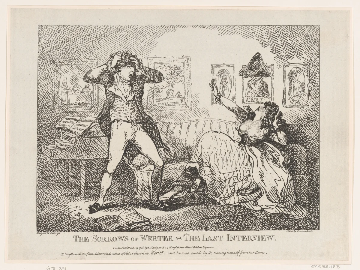 The Sorrows of Werter–The Last Interview by Thomas Rowlandson, print, 1786