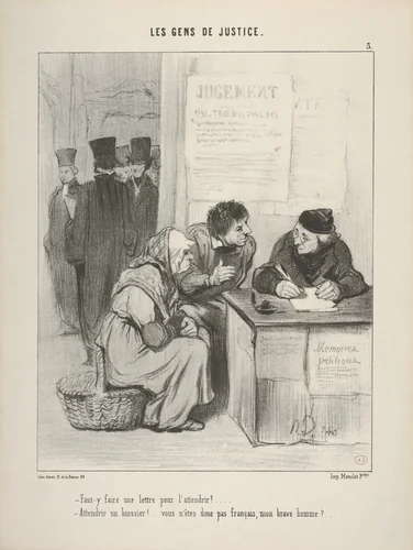 "Faut-y faire une lettre pour l’attendrir?.../ Attendrir un huissier!..vous n’êtes donc pas français, mon brave homme?...." , plate 5 from Les Gens de Justice by Honoré Daumier, print, 1845