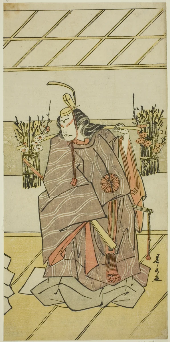 The Actor Nakamura Tomijuro I as the Spirit of Taira no Masakado Disguised as Otomo no Kuronushi in the Play Shida Yuzuriha Horai Soga, Performed at the Morita Theater in the First Month, 1775 by Tamagawa Shunsui, print, 1770-1780