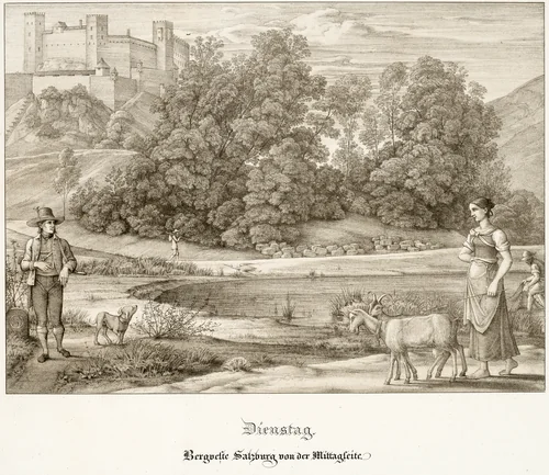 Tuesday: The Castle of Salzburg Seen from the South by Ferdinand Olivier, print, 1823