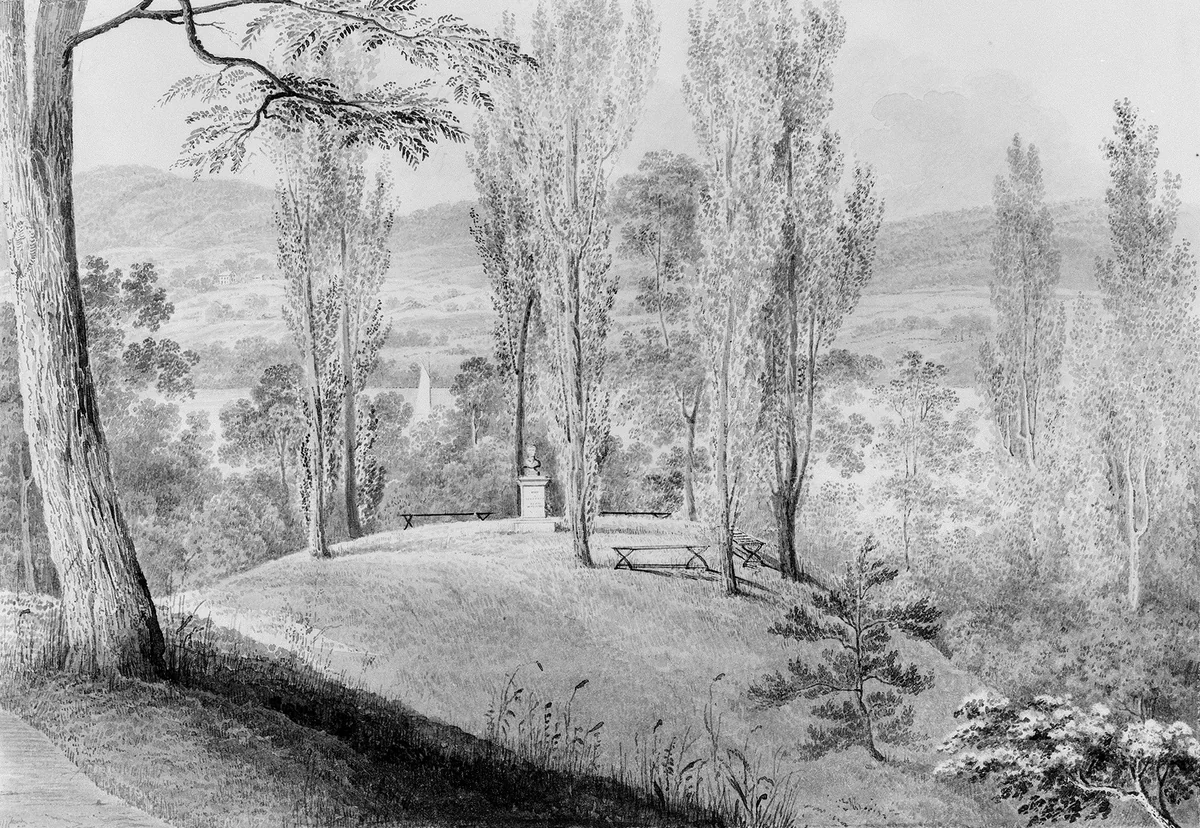 Grove of Poplars with a Memorial Bust, David Hosack Estate, Hype Park, New York (from Hosack Album) by Thomas Kelah Wharton, artwork, 1829-1832