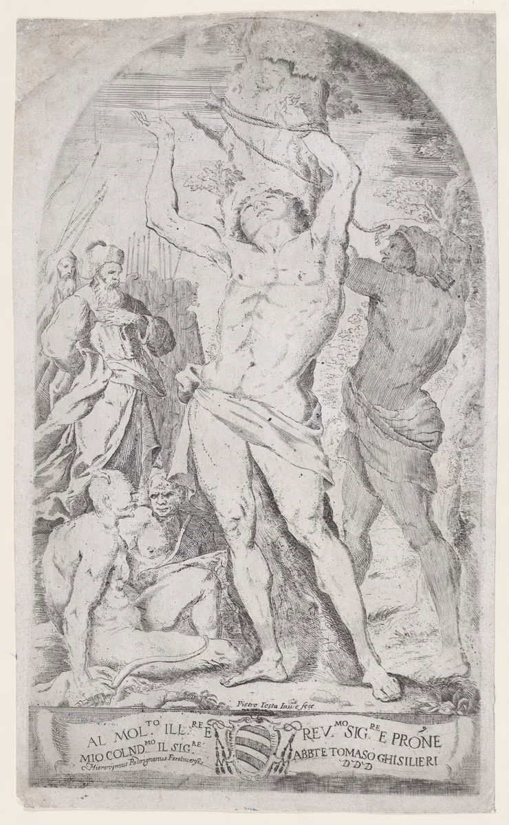 Saint Sebastian being tied to a tree by Girolamo Pedrignani, print, 1625-1650
