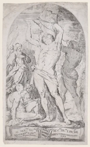 Saint Sebastian being tied to a tree by Girolamo Pedrignani, print, 1625-1650