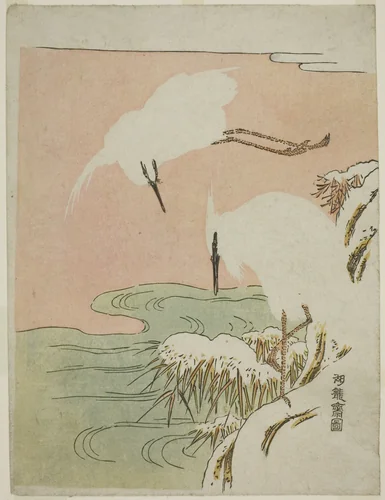 Two Egrets in the Snow by Isoda Koryusai, print, 1768-1778