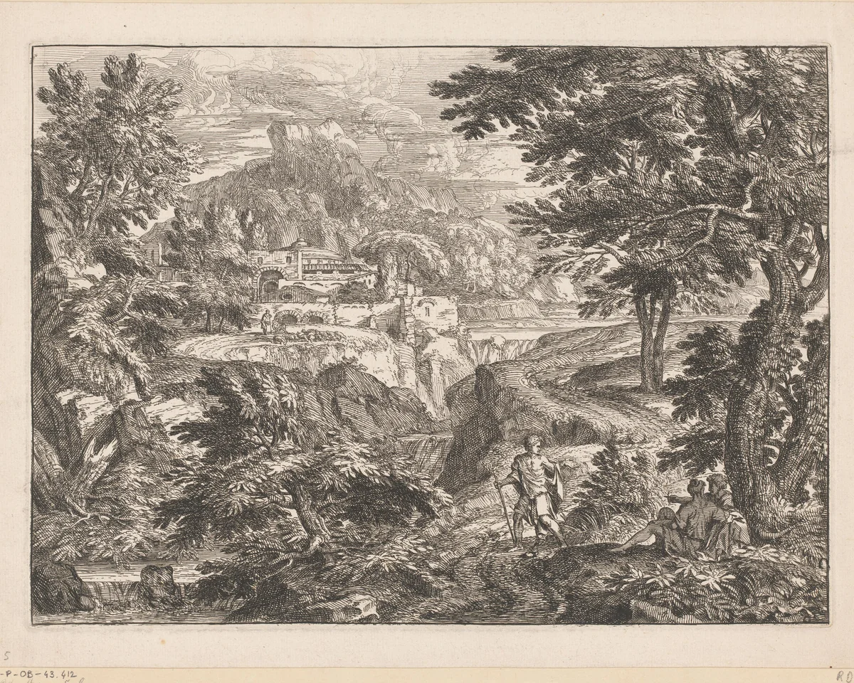 Landschap met een man en vrouw onder een boom gezeten en een staande man op een pad by Georges Focus, print, 1651-1708