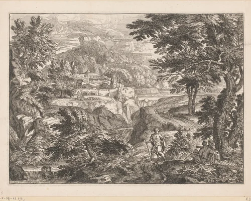 Landschap met een man en vrouw onder een boom gezeten en een staande man op een pad by Georges Focus, print, 1651-1708