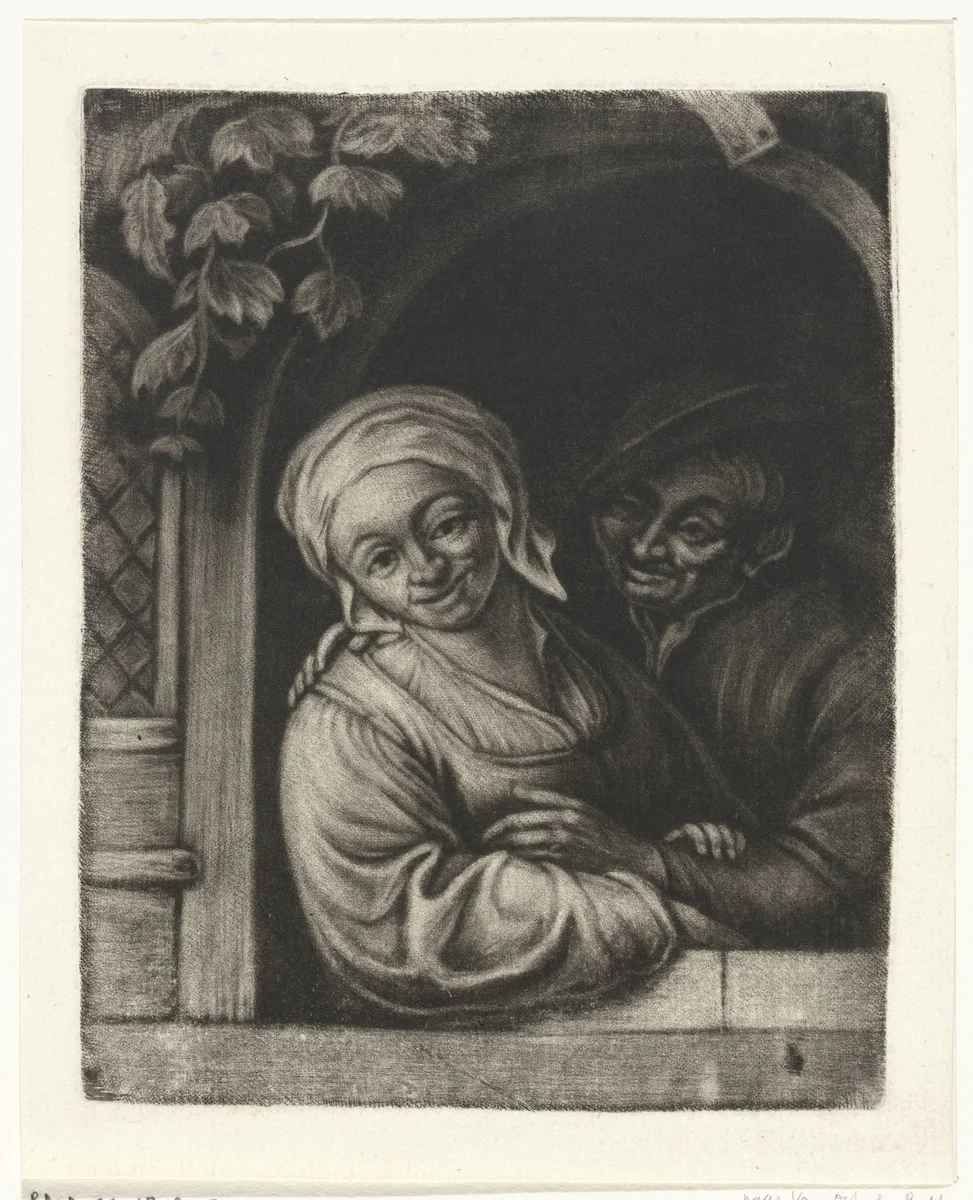 Paar in een vensteropening by Jacob Hoolaart, print, 1723-1789