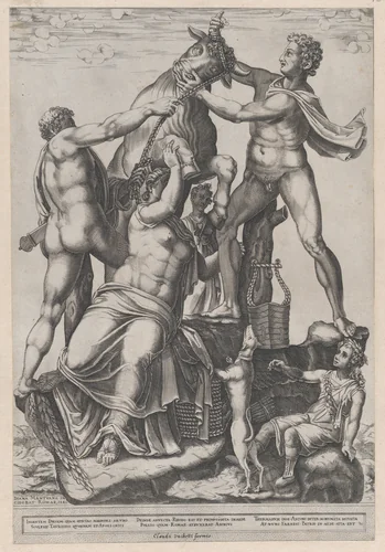 Amphion and Zethus Tying Dirce to a Wild Bull [The Farnese Bull], from "Speculum Romanae Magnificentiae" by Diana Scultori, print, 1581