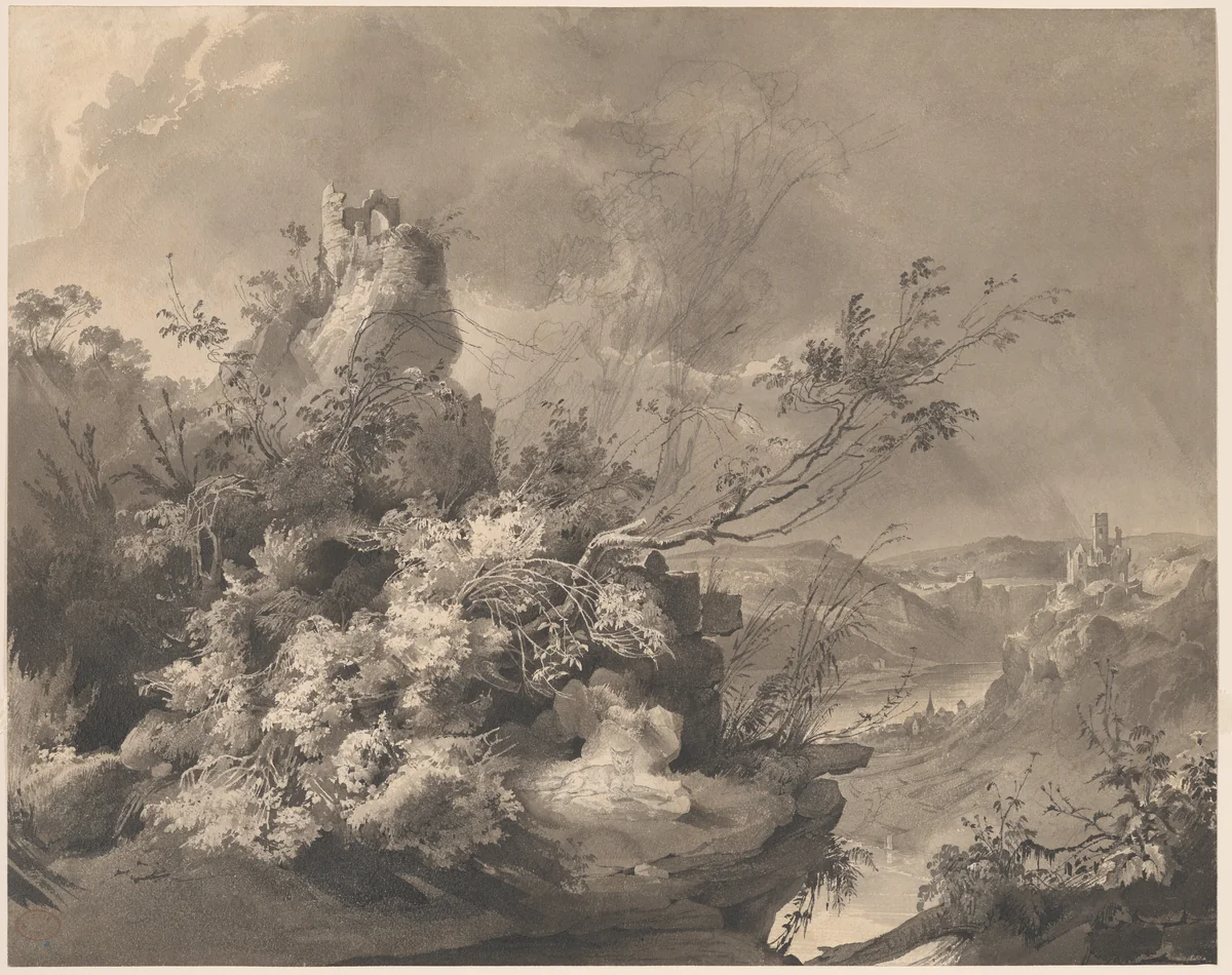 Ruined Towers Overlooking the Rhine by Karl Bodmer, drawing, 1835