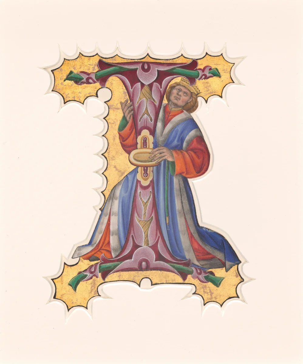 Initial I with David by Master of the Cypresses, drawing, 1430-1440