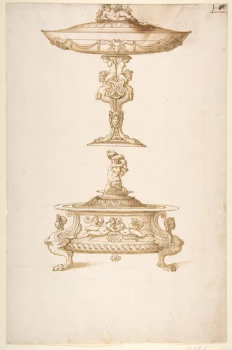 Design for a Salt Cellar and Tazza by Ottavio Strada, drawing, 1565-1606