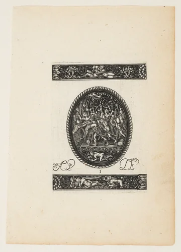 Oval Watch Case with the Abduction of Helen of Troy (?), from a Series of Six Designs for Watch Cases by Antoine Jacquard, print, 1605-1615