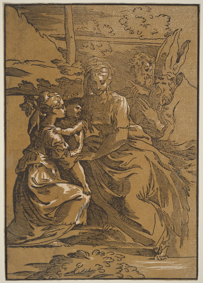 The Holy Family with Two Saints by Antonio da Trento, print, 1508-1550