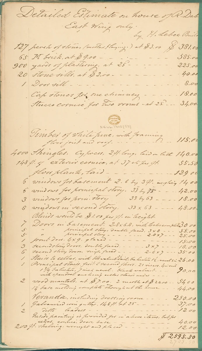 Detailed Estimate on House of R. Dabney, Powhatan, Virginia, East Wing by Alexander Jackson Davis, manuscript, 1858