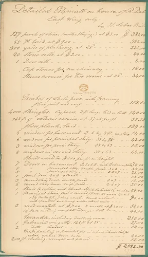 Detailed Estimate on House of R. Dabney, Powhatan, Virginia, East Wing by Alexander Jackson Davis, manuscript, 1858